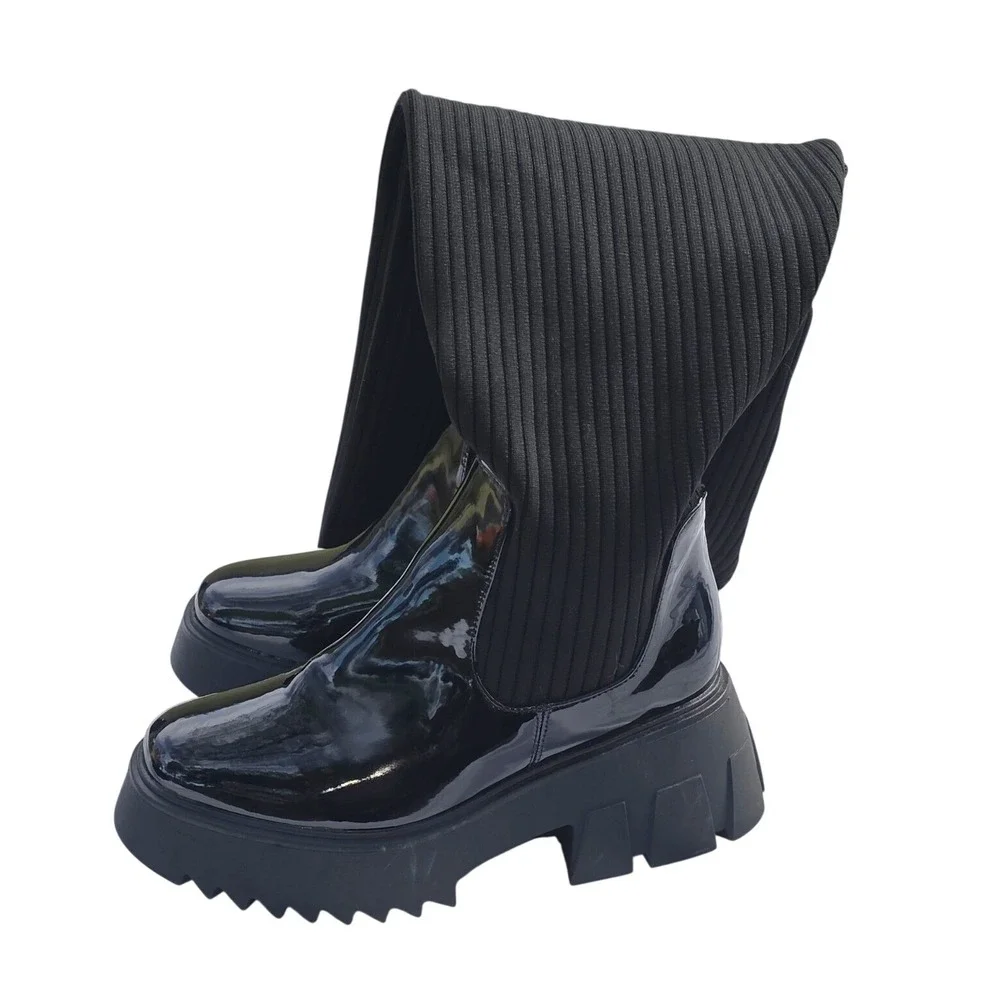 Fashion Figure Nadia‎ Lug Sole Thigh High Boots Women 9 Black Patent Rib